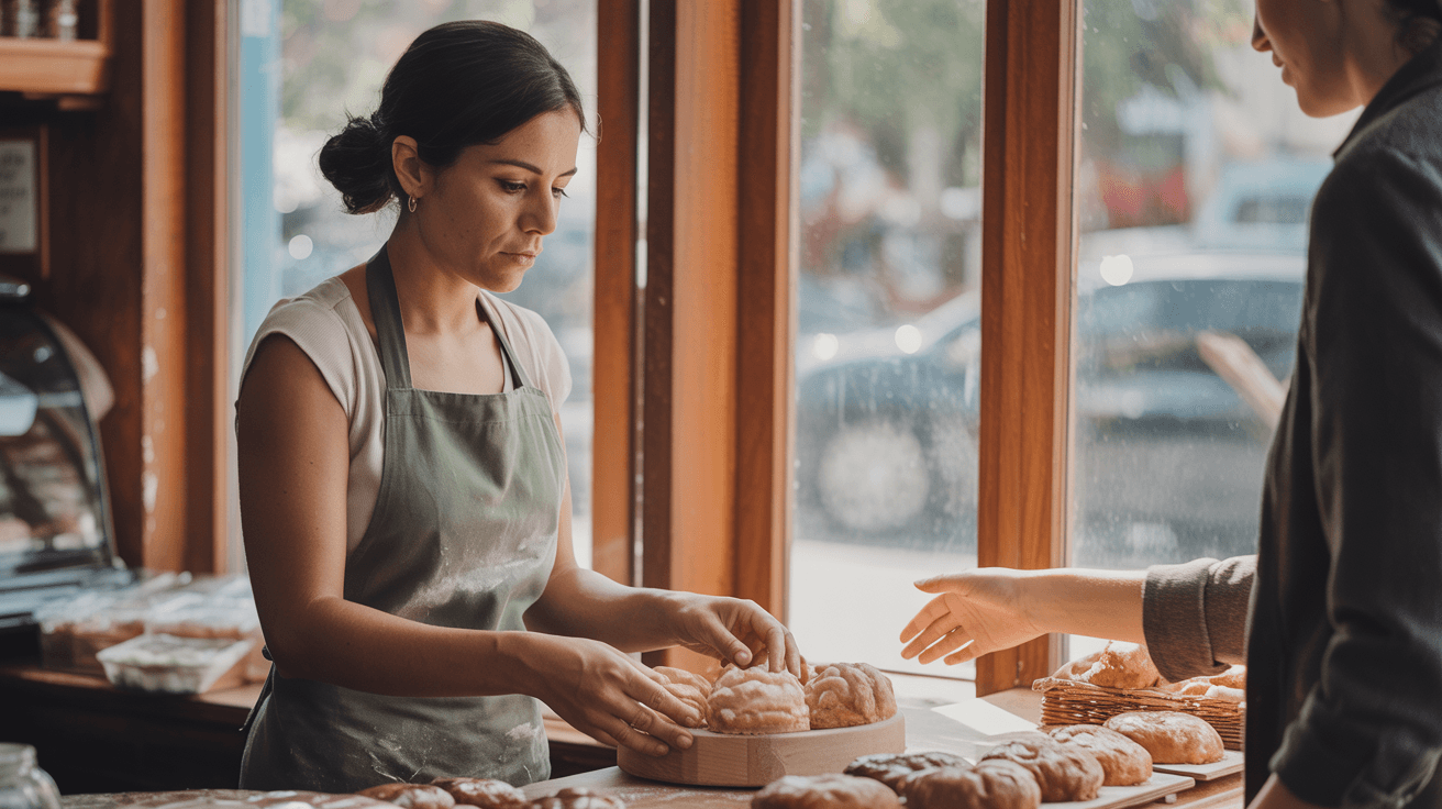 Small bakery serving — same baker further along