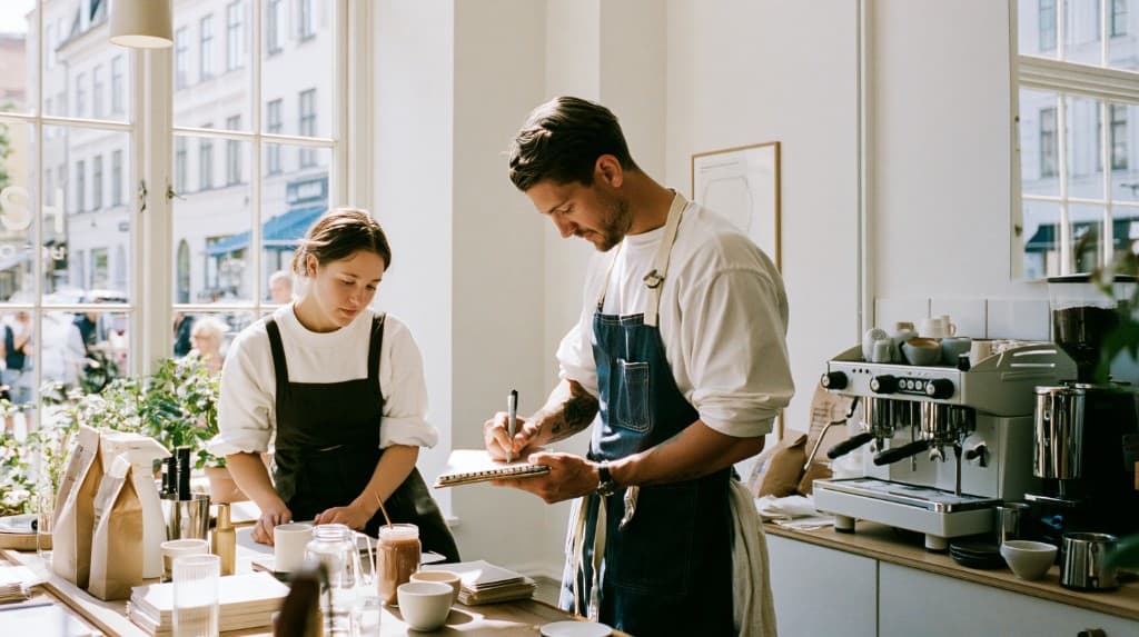 Two people comparing plans together at a café table
