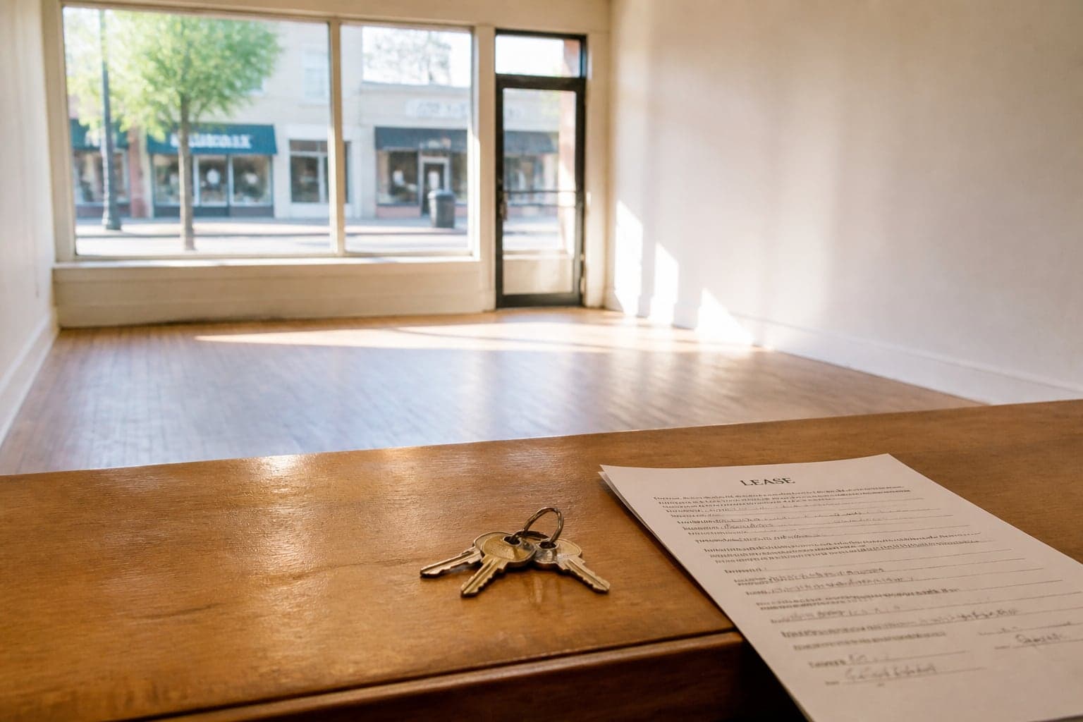 Empty just-leased storefront, keys and lease on the counter in morning light
