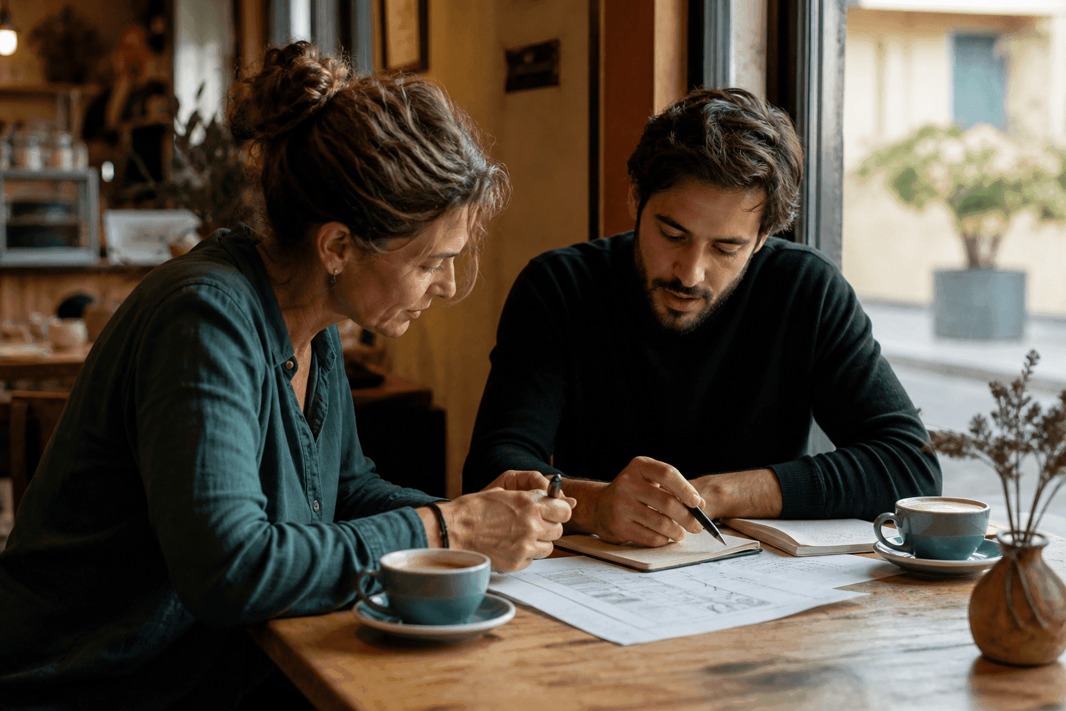 Two people discussing plans over coffee — Connector lane