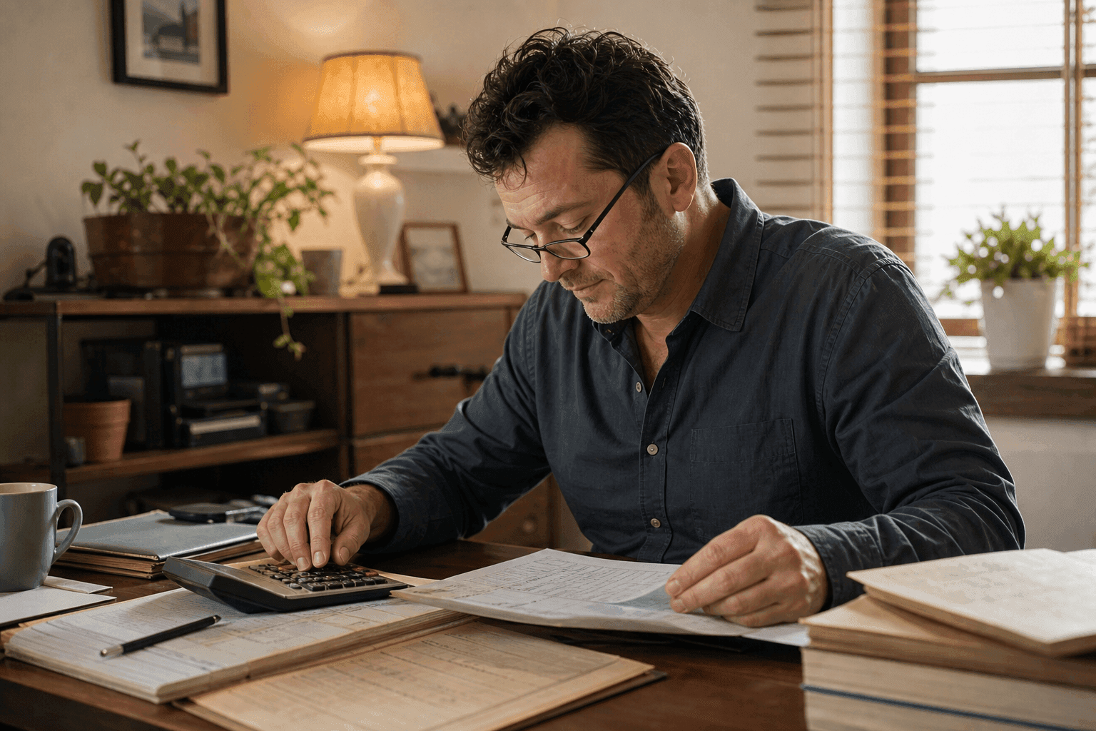 Accountant working through ledgers at a home office desk — Backer lane