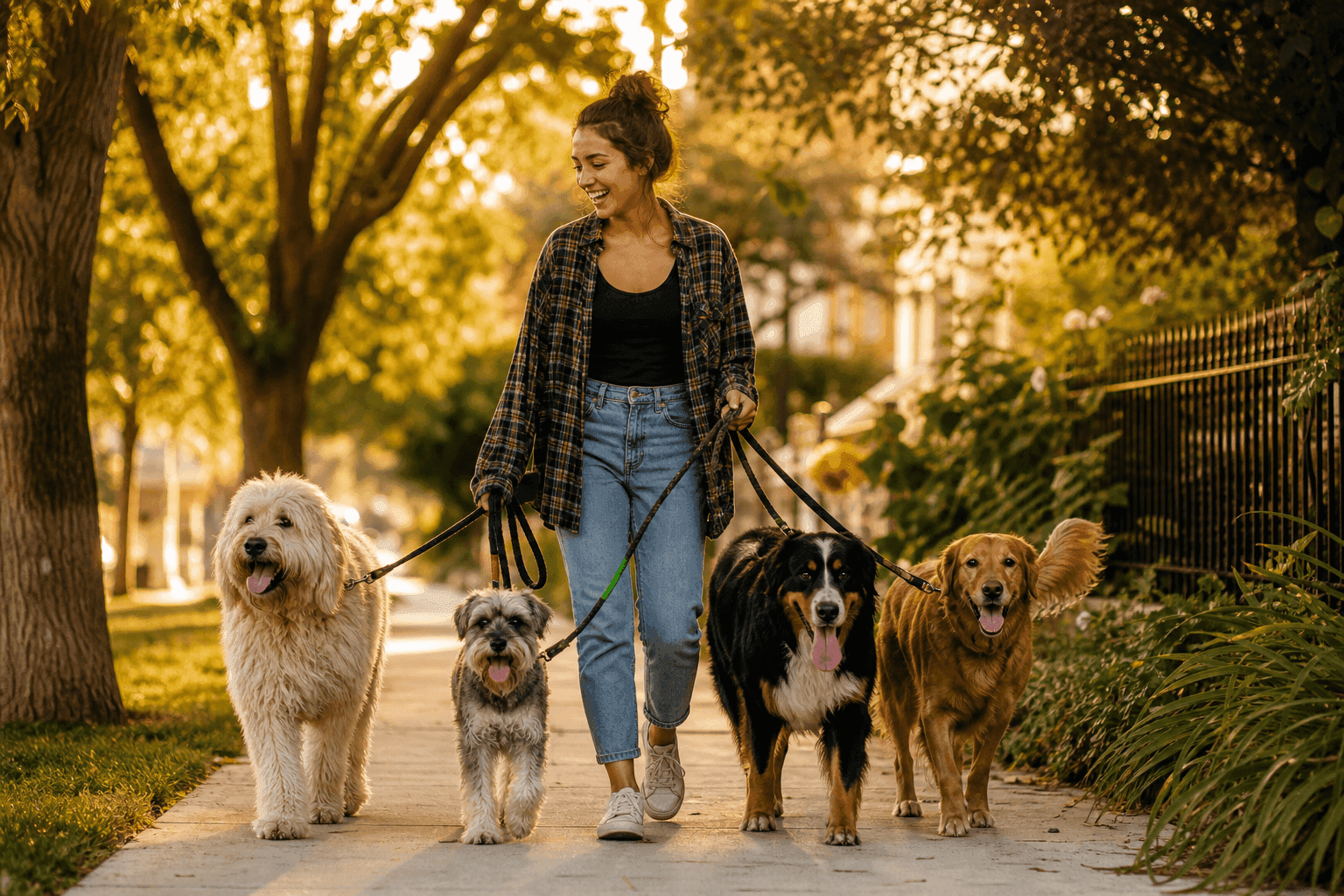 Dog walker with four dogs on a neighborhood route — Worker lane