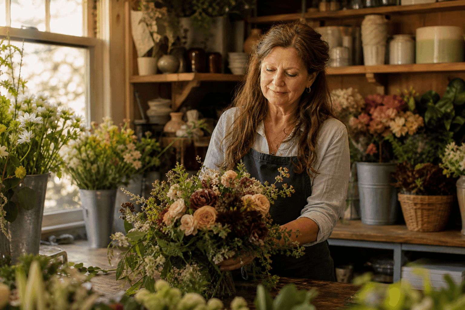 Florist arranging a bouquet behind her shop counter — Builder lane