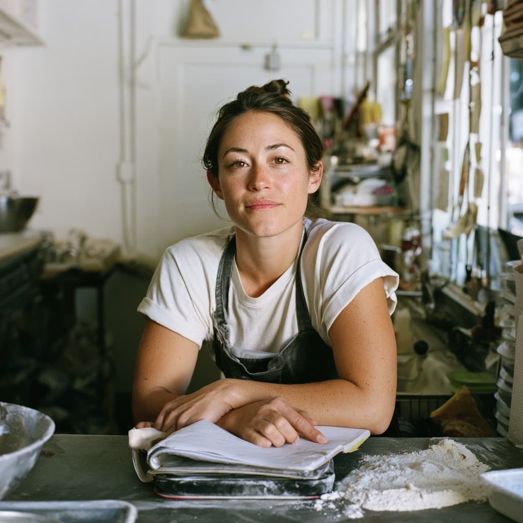 Baker at her flour-dusted counter, looking up with quiet confidence — Spark lane