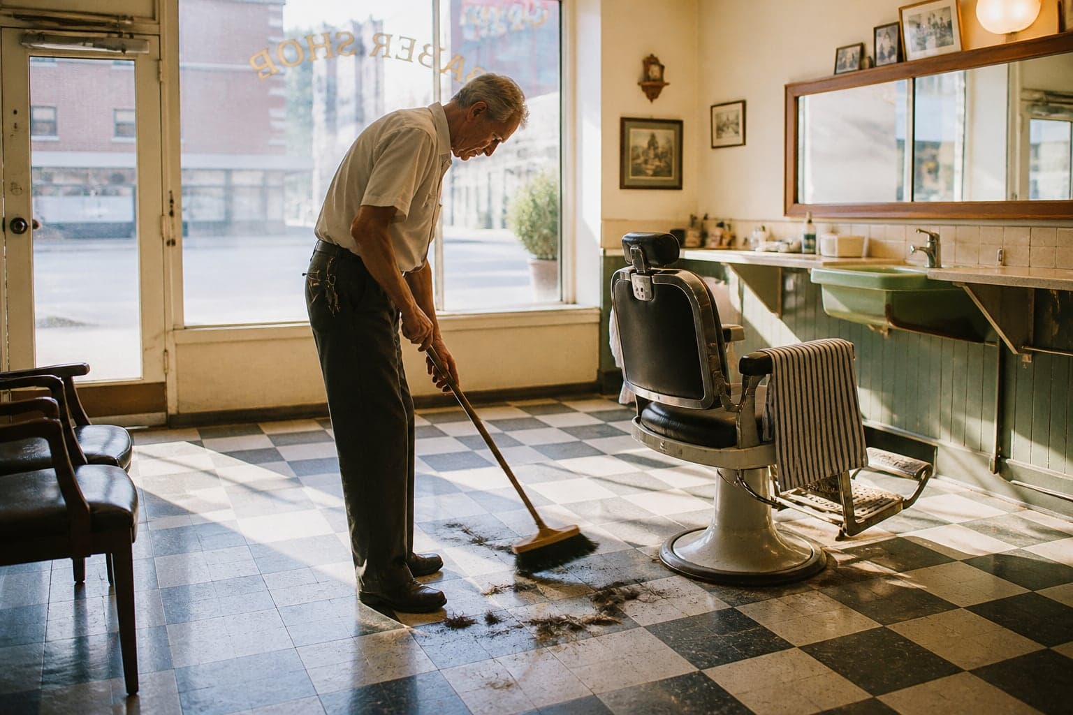 Barber sweeping his shop floor between customers