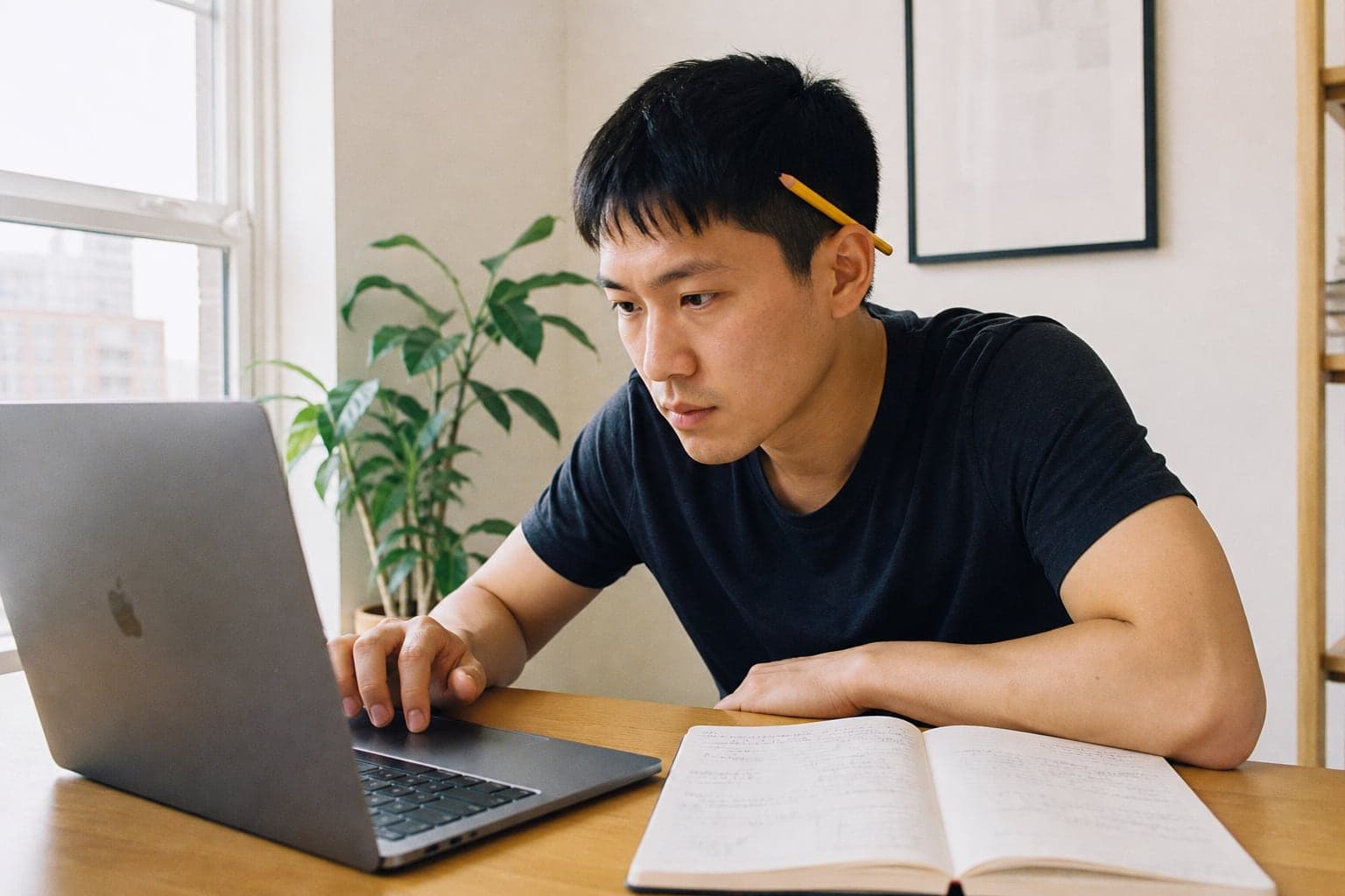 Man at his desk at home, working through a Bellows lesson on his laptop