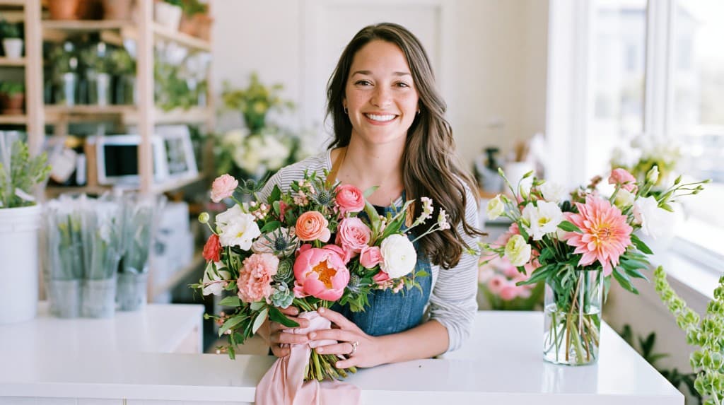 Florist leaning on her clean counter with a finished bouquet