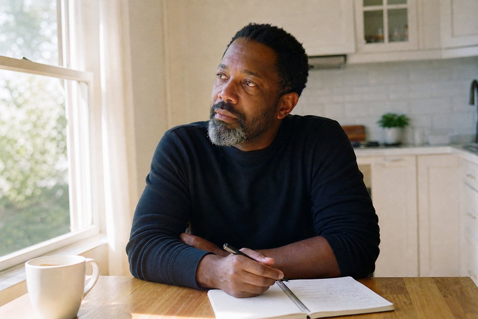 Man at his kitchen table in morning light, notebook open, mid-idea