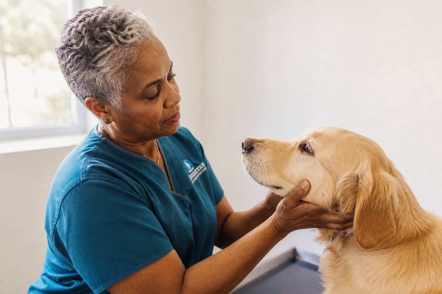 Veterinarian gently examining a golden retriever in a bright clinic — Operator lane