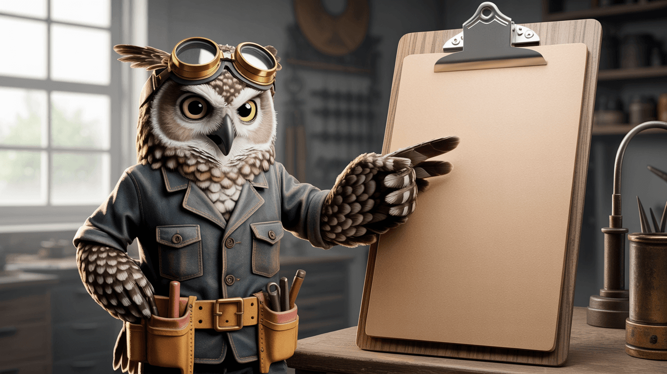Squibb beside a lesson card on the workshop desk