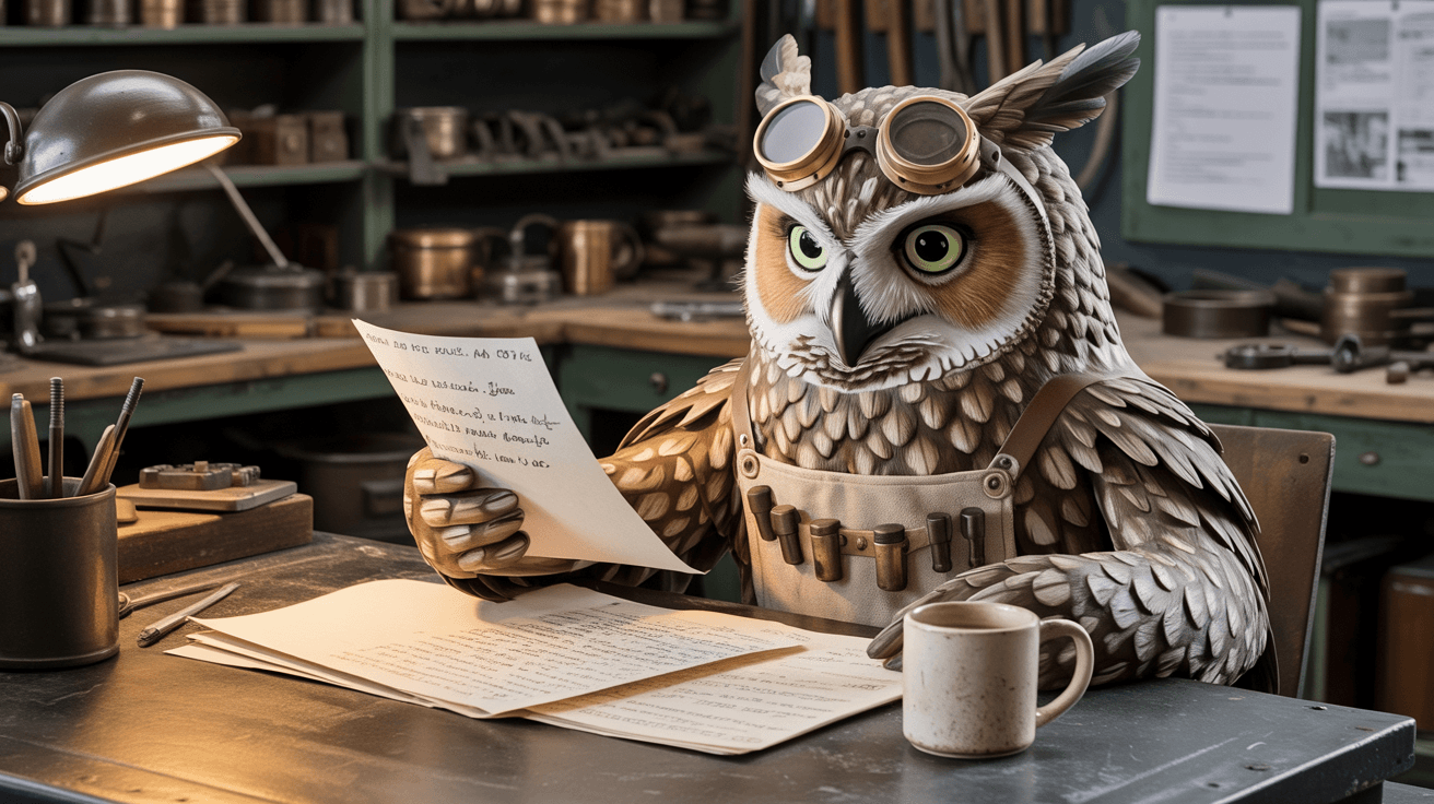 Squibb at workshop desk reviewing notes