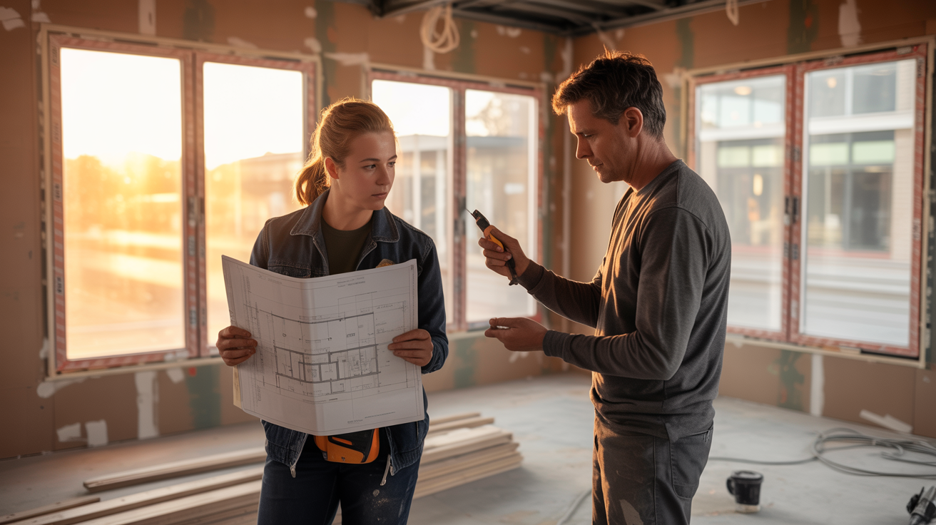 Two people in half-built space reviewing plans