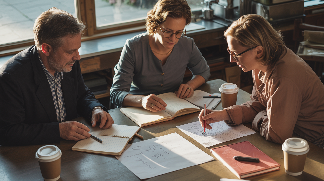 Three people at plan table in working space