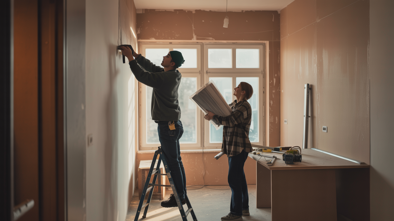 Two people finishing commercial space — nearly open forge beat