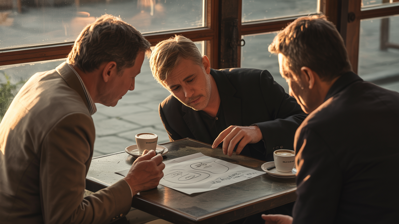 Three people at table reviewing plans — Connector forge beat