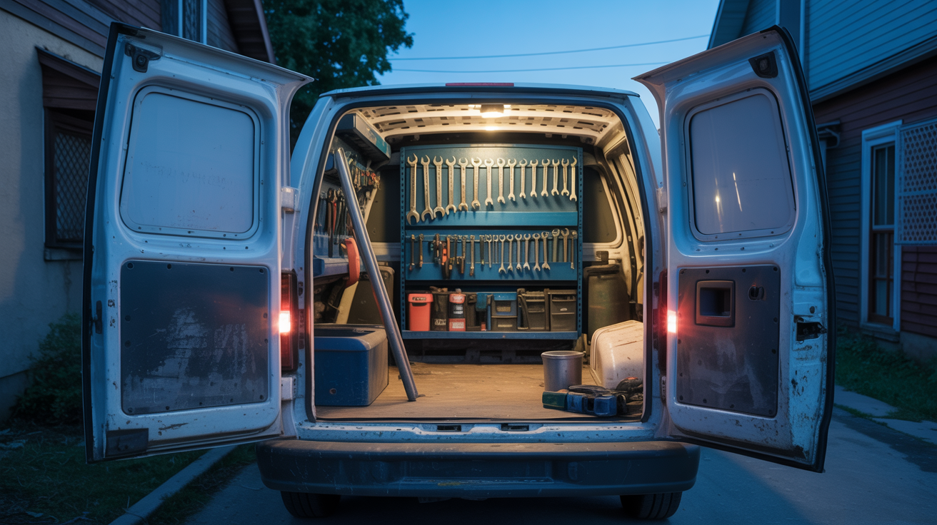 Work van at dawn with tools in rack — documentary Space beat