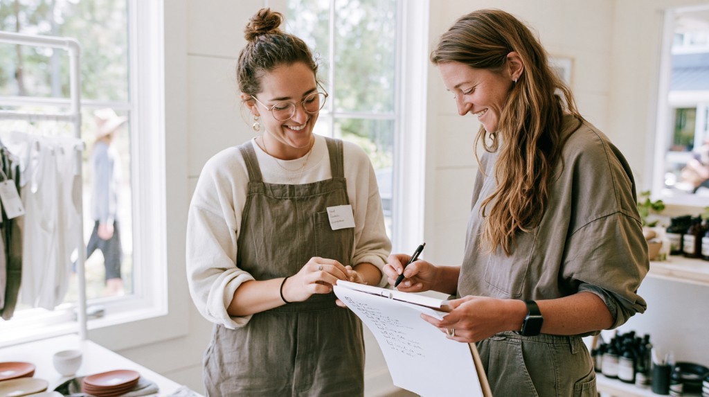 Two partners reviewing a checklist together in their shop