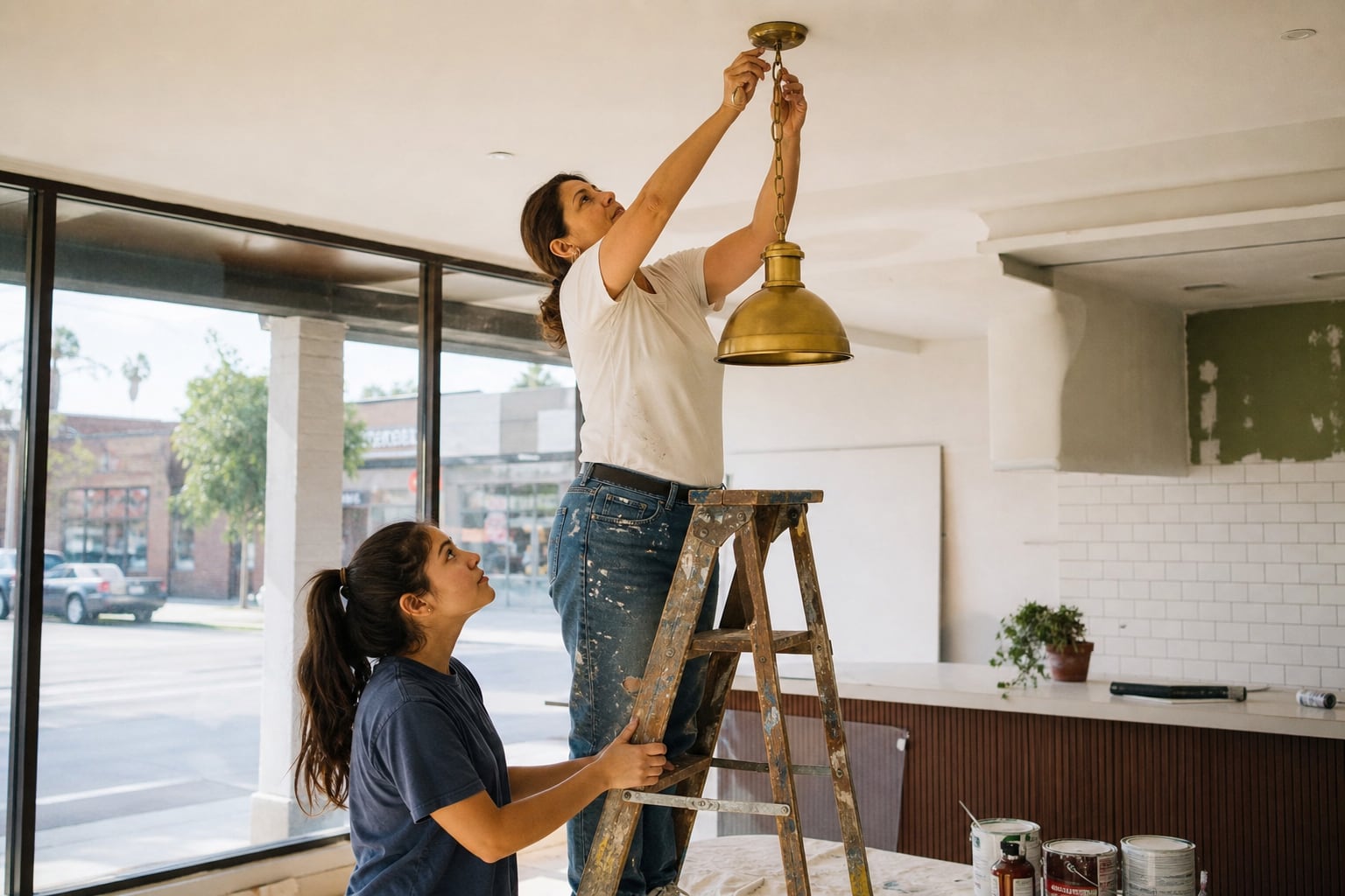 Owner on a stepladder hanging the last pendant lamp while her partner steadies the ladder